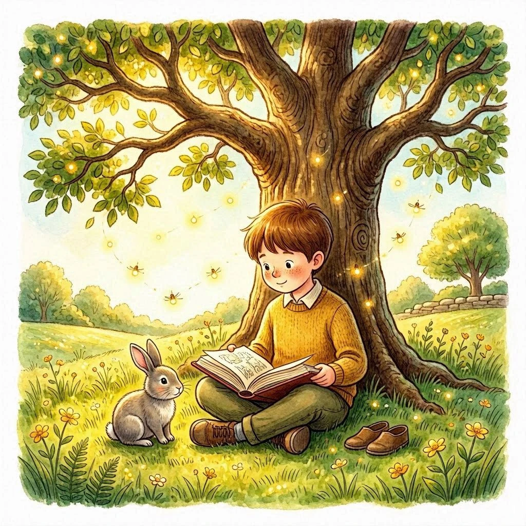 Child reading under a tree